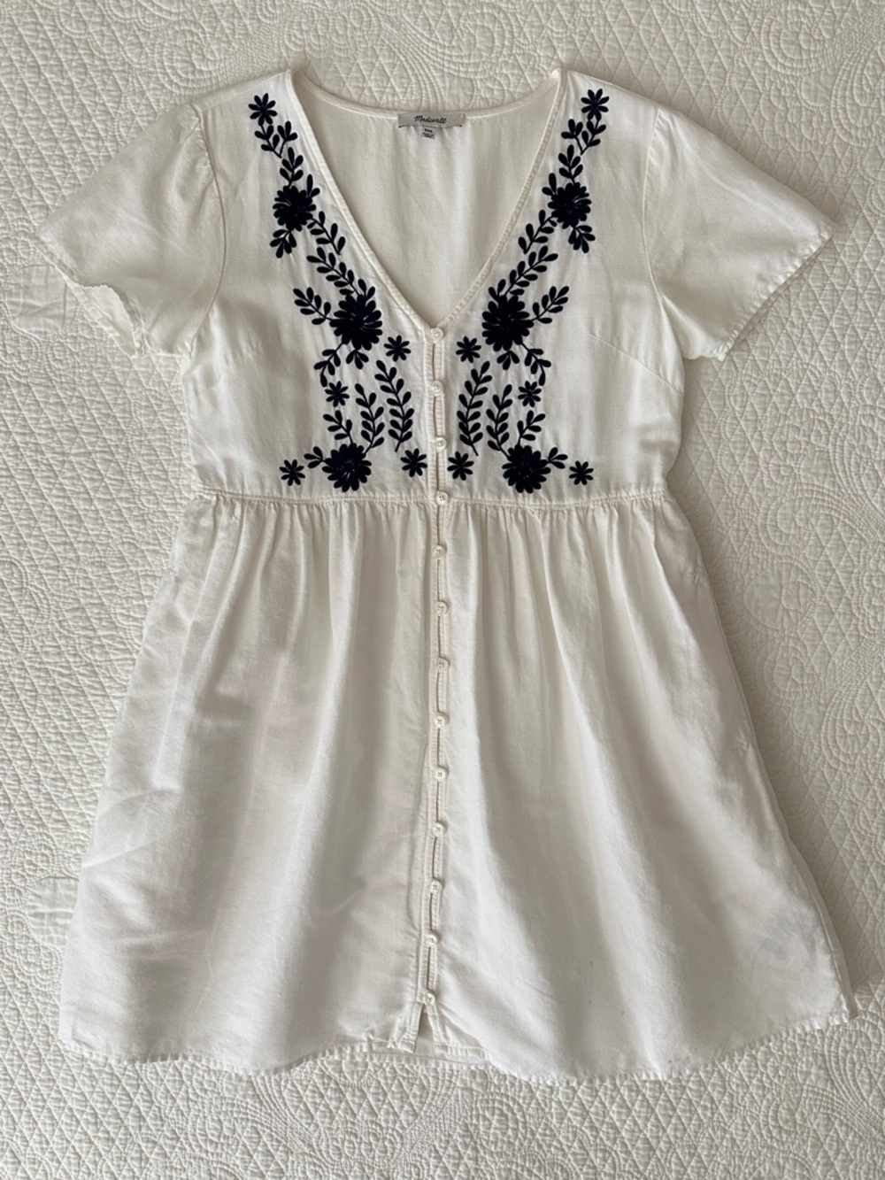 Madewell Embroidered Linen-Blend Alexandra Button-Front Mini Dress